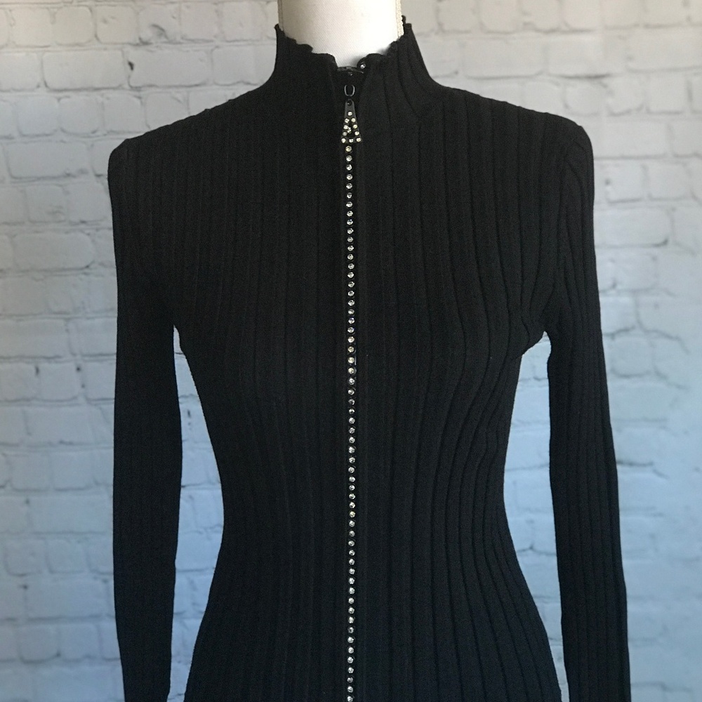 Belldini Ribbed Sweater Mock Neck Rhinestone Zip